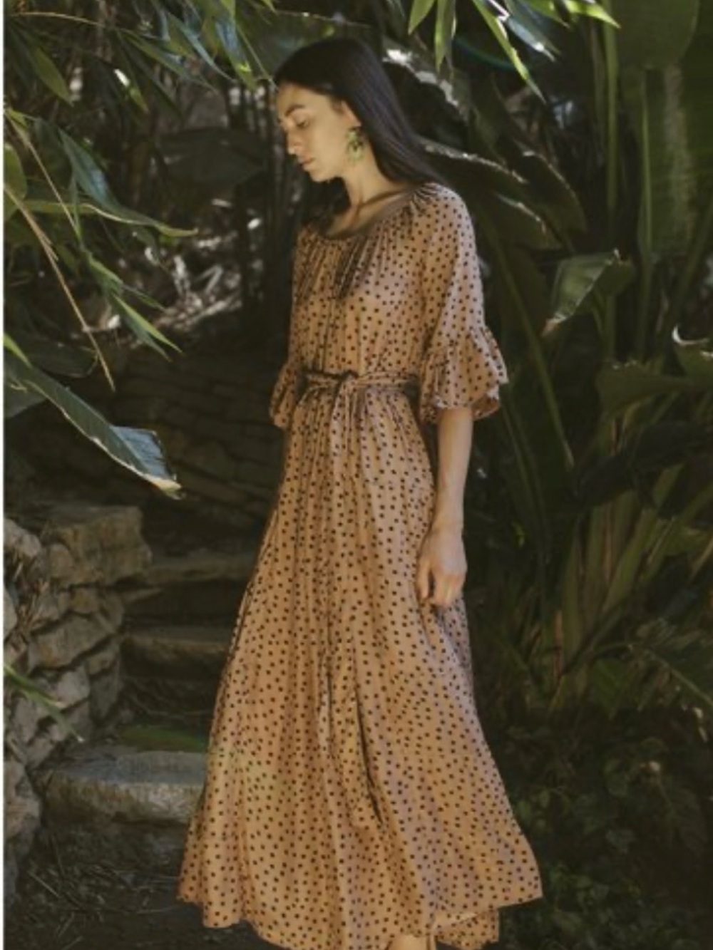 Natalie Martin Mesa Dress. Tan Polka Dot Maxi Dress with Tie Waist.